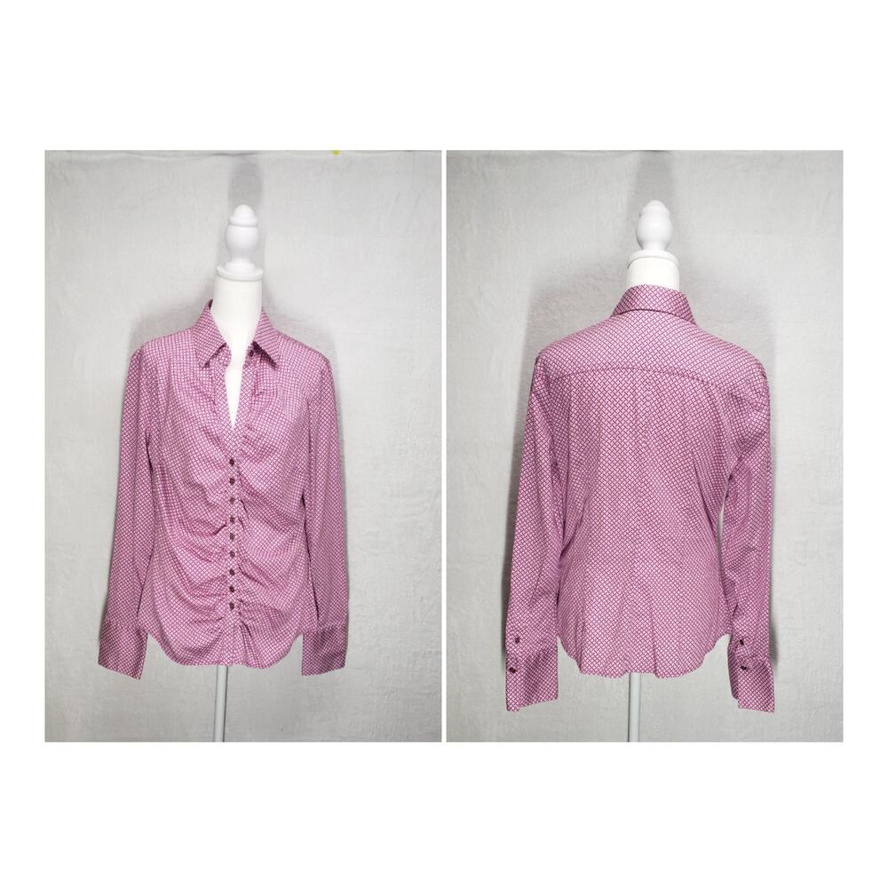 New York & Company Pink Geometric Ruched Button Down L Office Siren